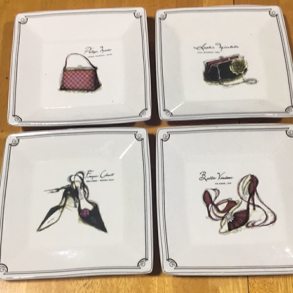 Set of four Sakura plates 8x8 square fashion purses shoes no chips cracks